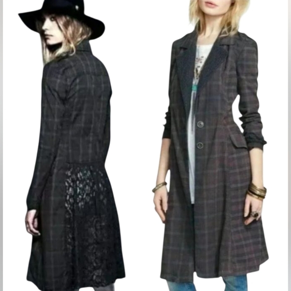 Free People Gray and Black Trench Coat EUC Vintage-Inspired Size 10 - Picture 1 of 12